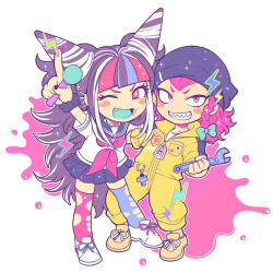 Rule 34 | 1boy, 1girl, ;d, aqua bow, arm up, asymmetrical legwear, beanie, black hair, black hat, black nails, black sailor collar, black skirt, blood, blood splatter, blue hair, blue shoes, blue thighhighs, blunt bangs, blush, blush stickers, bow, braid, breast pocket, chibi, choker, commentary request, danganronpa (series), danganronpa 2: goodbye despair, ear piercing, eyelashes, face piercing, fang, full body, hair bow, hair horns, hand on another&#039;s back, hat, holding, holding wrench, index finger raised, jumpsuit, lightning bolt-shaped pupils, lightning bolt symbol, long hair, medium hair, medo kyun, mioda ibuki, mismatched legwear, mismatched shoelaces, mixed-language commentary, mouth piercing, multicolored hair, nail polish, neckerchief, one eye closed, open mouth, outline, piercing, pink blood, pink eyes, pink hair, pink neckerchief, pink thighhighs, pocket, sailor collar, school uniform, scrunchie, serafuku, shirt, shoelaces, shoes, short sleeves, simple background, single braid, skirt, smile, soda kazuichi, sparkle, symbol-shaped pupils, thighhighs, third-party source, torn clothes, torn thighhighs, v-shaped eyebrows, white background, white hair, white outline, white shirt, wrench, wrist scrunchie, yellow jumpsuit, yellow shoes, zipper