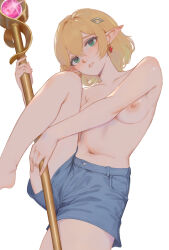 1girl blonde_hair blue_shorts blush breasts commentary denim denim_shorts double-parted_bangs earrings elf foot_out_of_frame glint green_eyes hair_between_eyes hair_ornament hairclip highres holding holding_staff jewelry knee_up long_pointy_ears looking_at_viewer mage_staff medium_breasts navel nipples original parted_lips pointy_ears shchrit short_hair shorts simple_background solo staff teeth topless_female white_background