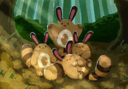 aruco_co closed_eyes commentary day forest gen_2_pokemon highres nature nintendo no_humans open_mouth outdoors pokemon pokemon_(creature) sentret sleeping tree