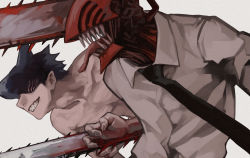 2girls beam_(chainsaw_man) black_hair black_necktie blood bloody_weapon chainsaw chainsaw_man collared_shirt denji_(chainsaw_man) facing_to_the_side hybrid multiple_girls nakano_(2_mannaka) necktie no_eyes shark_boy sharp_teeth shirt short_hair simple_background smile teeth tongue tongue_out topless_male weapon white_background white_shirt