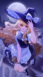 Rule 34 | 1girl, :d, apron, artist name, black dress, black hat, black shoes, black skirt, black vest, blonde hair, bow, breasts, broom, broom riding, building, chinese commentary, commentary request, dress, frilled apron, frilled skirt, frills, full body, full moon, hair bow, hand on headwear, hat, hat bow, highres, kirisame marisa, long hair, looking at viewer, mary janes, mibai yume, moon, night, open mouth, outdoors, puffy short sleeves, puffy sleeves, shirt, shoes, short sleeves, single sidelock, skirt, sky, smile, socks, solo, touhou, turtleneck, turtleneck shirt, very long hair, vest, waist apron, white apron, white bow, white shirt, white socks, yellow eyes