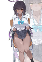 1girl absurdres adapted_costume black_hair black_skirt blue_archive blue_bow blue_bowtie blush bow bowtie breasts chair clothes_lift commentary_request dark-skinned_female dark_skin halo highres karin_(blue_archive) karin_(school_uniform)_(blue_archive) large_breasts lifting_own_clothes long_hair no_panties on_chair pleated_skirt purple_halo shiro_sai5 shirt simple_background sitting skirt skirt_lift solo white_shirt yellow_eyes