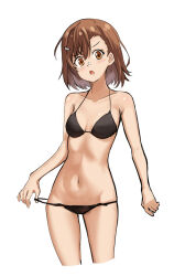 Rule 34 | 1girl, asymmetrical bangs, bikini, black bikini, breasts, brown eyes, brown hair, commentary, cropped legs, gustaflowart, hair ornament, hairclip, halterneck, highres, looking at viewer, misaka mikoto, navel, open mouth, short hair, small breasts, solo, stomach, swimsuit, toaru kagaku no railgun, toaru majutsu no index, white background