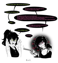 2girls :d absurdres aierlaobo anger_vein antenna_hair ashley_graves at_gunpoint bra_strap breasts bright_pupils buttons choker cleavage collarbone collared_shirt commentary cropped_torso double-parted_bangs english_commentary english_text eye_contact false_smile green_eyes greyscale gun hair_between_eyes handgun hands_up high_ponytail highres holding holding_gun holding_weapon jewelry long_sleeves looking_at_another low_ponytail medium_hair monochrome mother_and_daughter multiple_girls nail_polish necklace open_mouth outline pink_eyes ponytail renee_graves revolver shaded_face shirt simple_background sleeves_past_wrists smile sparkle speech_bubble spot_color sweat sweater_vest talking teeth the_coffin_of_andy_and_leyley tongue turn_pale upper_teeth_only weapon white_background