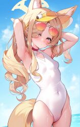 1girl absurdres animal_ear_fluff animal_ears armpits arms_behind_head arms_up bare_shoulders blonde_hair blue_archive blue_sky blush breasts cloud covered_navel cross_halo diamond_cutout extra_ears eyes_visible_through_hair eyewear_on_head fox_ears fox_girl fox_tail hair_over_one_eye half-closed_eyes halo highleg highleg_one-piece_swimsuit highres loli long_hair looking_at_viewer no_jacket official_alternate_costume one-piece_swimsuit outdoors pinki_o64 seia_(blue_archive) seia_(swimsuit)_(blue_archive) side_ponytail sky small_breasts solo sunglasses swimsuit tail thighs tinted_eyewear very_long_hair visor_cap white_one-piece_swimsuit yellow_halo yellow_visor