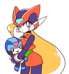 1girl android bliss_zero_(mega_man) blonde_hair bodysuit capcom full_body genderswap genderswap_(mtf) helmet long_hair mega_man_(series) mega_man_zero_(series) midnight_bliss stuffed_toy x_(mega_man) yuriyuri_(ccc) zero(z)_(mega_man) zero_(mega_man)
