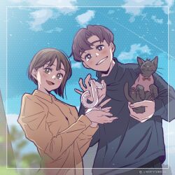 1boy 1girl :d black_cat black_shirt blurry blurry_background brown_hair cat chillfilm company_name day hand_up highres holding holding_trophy long_sleeves official_art open_mouth outdoors parted_bangs shirt smile tiktok_logo trophy yellow_shirt