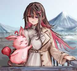 1girl against_railing azki_(4th_costume)_(hololive) azki_(hololive) braid breast_poke brown_hair brown_jacket collared_dress colored_inner_hair commentary_request creature double-parted_bangs dress empty_eyes hair_between_eyes hair_intakes hair_ornament hairclip highres hololive jacket long_sleeves looking_at_creature mole mole_under_eye mount_fuji multicolored_hair nymph_rhythm official_alternate_costume open_mouth outdoors pink_hair pioneer_(azki) poking purple_eyes railing side_braid streaked_hair virtual_youtuber white_dress white_hair