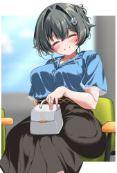 Rule 34 | 1girl, bag, black skirt, blue shirt, closed eyes, dress shirt, facing viewer, feet out of frame, hair flaps, hair ornament, highres, jingei (kancolle), jingei (sea paseo) (kancolle), kantai collection, kasashi (kasasi008), long skirt, official alternate costume, shirt, short hair, sitting, skirt, smile, solo, whale hair ornament
