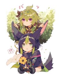 !? 1boy 1girl ^^^ absurdres animal_ear_fluff animal_ears behind_another black_gloves black_hair blush brown_gloves brown_shirt closed_mouth collei_(genshin_impact) commentary_request flower fox_boy fox_ears fox_tail genshin_impact gloves green_eyes green_hair hair_between_eyes highres holding holding_flower looking_ahead mina_(sio0616) multicolored_hair open_mouth pink_eyes purple_shirt shirt short_hair short_sleeves simple_background speech_bubble spoken_interrobang streaked_hair sweatdrop tail tighnari_(genshin_impact) white_background