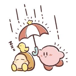 :&gt; =_= animal animal_on_head artist_request bird bird_on_head blush closed_eyes closed_mouth full_body holding holding_umbrella kirby kirby_(series) nintendo no_humans no_mouth official_art on_head rain second-party_source sitting sleeping smile standing standing_on_one_leg transparent_background twizzy umbrella waddle_dee yellow_bird zzz