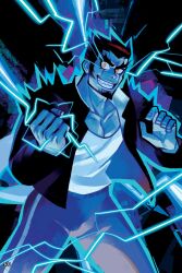 1boy ballooncar blue_theme clenched_hand danganronpa_(series) danganronpa_2:_goodbye_despair electricity facial_hair fingernails grin highres jacket long_sleeves male_focus muscular muscular_male nidai_nekomaru non-web_source open_clothes open_jacket page_number pants scar scar_across_eye scar_on_face sharp_teeth shirt short_hair sideburns smile solo teeth thick_eyebrows yellow_eyes