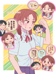 Rule 34 | 2girls, absurdres, anger vein, black hair, braid, chibi, drooling, futsuu no keion-bu, highres, holding, holding phone, kouyama rin, looking at phone, medium hair, mouth drool, multiple girls, phone, red eyes, red hair, saliva, short hair, sitesitei, smug, speech bubble, twin braids, twitter username, uchida momo