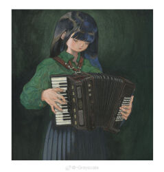1girl accordion black_background black_hair black_skirt blunt_bangs border closed_mouth collared_shirt commentary cowboy_shot goincircles green_shirt highres holding holding_instrument instrument long_hair long_sleeves music original playing_instrument pleated_skirt shirt skirt solo standing white_border