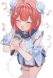 1girl absurdres ahoge armpit_crease blush breasts chinese_clothes cleavage closed_eyes detached_sleeves double-parted_bangs double_bun dress flower from_above hair_bun hair_flower hair_ornament highres holding holding_microphone large_breasts medium_hair microphone music musical_note pleated_skirt red_hair shumpi simple_background singing skirt sleeveless sleeveless_dress solo thigh_strap virtual_youtuber vspo! white_background yumeno_akari yumeno_akari_(2nd_costume)