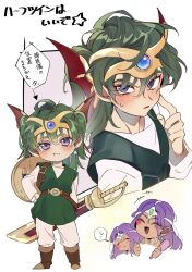 Rule 34 | 1boy, 2girls, :t, arrow (symbol), blue eyes, blue gemstone, blush stickers, boots, brown boots, circlet, commentary, dark-skinned female, dark skin, dragon quest, dragon quest iv, earrings, fins, forehead jewel, gem, green gemstone, green hair, green tunic, hand on own hip, head fins, headpiece, hero (dq4), highres, holding, holding brush, jewelry, mamesan 2024, manya (dq4), medium hair, minea (dq4), multiple girls, multiple views, open mouth, pants, parted hair, purple hair, shield, shield on back, shirt, short twintails, siblings, silver circlet, single earring, sisters, slime (dragon quest), smile, sphere earrings, star (symbol), sweatdrop, symbol-only commentary, translation request, tunic, twintails, white background, white pants, white shirt