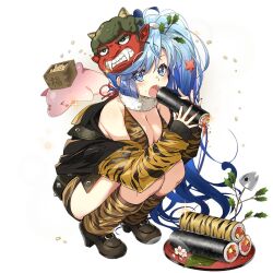 1girl ahoge bikini blue_eyes blue_hair breasts character_mask cleavage coat dolphin ehoumaki food large_breasts loafers long_hair loose_socks makizushi mask nail_polish oni open_mouth poseidon_(uchihime) rowe shoes side_ponytail socks soybean sushi swimsuit teeth tiger_stripes uchi_no_hime-sama_ga_ichiban_kawaii yellow_bikini yellow_coat yellow_socks