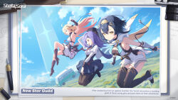 3girls :d ahoge amber_(stella_sora) ankle_boots aqua_eyes arm_up armpits backless_leotard backless_shirt beret black_footwear black_hair black_hat black_leotard black_thighhighs blonde_hair blue_skirt blue_sky boots breasts brown_footwear camera cleavage closed_mouth cloud commentary copyright_name copyright_notice day dress english_commentary english_text framed_breasts group_name hair_between_eyes hair_intakes hat highres iris_(stella_sora) juliet_sleeves large_breasts leotard long_hair long_sleeves looking_at_viewer medium_breasts midair miniskirt motor_vehicle multiple_girls new_star_guild_(stella_sora) nib_pen_(object) noya_(stella_sora) official_art open_mouth outdoors pen profile puffy_sleeves recreational_vehicle red_eyes sandals short_hair sideboob sideless_dress sideless_shirt sideways_mouth skirt sky smile stella_sora thighhighs van white_dress white_skirt yellow_eyes