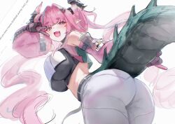 1girl :d absurdres aqua_hair arknights arknights:_endfield arm_up ass bare_shoulders black_gloves black_tail blush breasts c113oreo commentary commentary_typo cowboy_shot detached_sleeves english_commentary english_text fang from_below gloves green_tail highres inset large_breasts long_hair long_sleeves looking_at_viewer multicolored_hair open_mouth pants pink_gloves pink_hair pink_sleeves pointy_ears purple_eyes request_inset sketch skin_fang smile solo standing streaked_hair tail twisted_torso typo v v_over_eye white_background white_pants yvonne_(arknights)