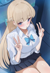 1girl :o absurdres black_skirt blonde_hair blue_archive blue_bow blue_bowtie blue_eyes blue_hair blue_halo blush bow bowtie braid breasts cleavage double_v half_up_braid halo heart heart-shaped_pupils highres long_hair looking_at_viewer medium_breasts mi_taro333 multicolored_hair pleated_skirt shirt sitting skirt sleeves_rolled_up solo streaked_hair symbol-shaped_pupils thighs toki_(blue_archive) toki_(school_uniform)_(blue_archive) v very_long_hair white_shirt