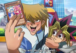 2boys arm_around_neck black_hair blonde_hair blush brown_eyes building card chain chain_necklace commentary creepy_chin_joey_wheeler_(meme) english_text eroartdraw holding holding_card jewelry jonouchi_katsuya ki-sikil_(yu-gi-oh!) lanyard lil-la_(yu-gi-oh!) live_twin_ki-sikil live_twin_lil-la loli male_focus meme multicolored_hair multiple_boys muto_yugi necklace red_hair subtitled sweatdrop tongue tongue_out yu-gi-oh! yu-gi-oh!_duel_monsters