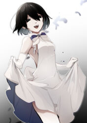 1girl backless_dress backless_outfit black_eyes black_hair bob_cut breasts clothes_lift cowboy_shot dress elbow_gloves empty_eyes gloves gradient_hair hair_between_eyes happy looking_at_viewer madoka_(yrgb4vle280jzmq) monogatari_(series) multicolored_hair neck_ribbon open_mouth oshino_ougi pale_skin ribbon short_hair sideboob skirt skirt_lift sleeveless sleeveless_dress small_breasts smile solo standing strapless strapless_dress teeth upper_teeth_only white_dress white_gloves
