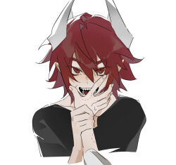 Rule 34 | 2boys, aotu world, bite mark, black shirt, collarbone, eyes visible through hair, fangs, fingernails, hair between eyes, hand on another&#039;s face, headgear, holding another&#039;s wrist, long sleeves, looking at viewer, male focus, multiple boys, open mouth, pius (aotu world), pointy ears, pov, pov hands, red eyes, red hair, scar, scar on face, sharp teeth, shirt, short hair, simple background, smile, solo focus, sweatdrop, teeth, thick eyebrows, tiantianxiangshang89404, upper body, white background, yaoi