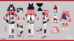 Rule 34 | 1girl, a-pose, animal ear fluff, animal ears, back cutout, belt, black belt, black hair, clothing cutout, copyright name, crop top, double-parted bangs, grey background, hair ornament, hairclip, hololive, hololive gamers fes outfit, hood, hood down, jacket, long hair, multicolored hair, multicolored jacket, multiple views, o-ring, official alternate costume, official art, ookami mio, orange eyes, pink jacket, pink shoes, pleated skirt, red shirt, red streaks, reference sheet, sailor collar, saine, shirt, shoes, skirt, sleeveless, sleeveless shirt, sneakers, streaked hair, tag, tail, tail around own leg, thigh strap, turnaround, two-tone jacket, virtual youtuber, white jacket, white sailor collar, white skirt, wolf ears, wolf girl, wolf tail, x hair ornament