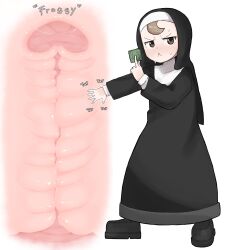 1girl black_boots black_dress blush boots brown_eyes brown_hair condom condom_wrapper cross-section diagram dress froggy_nun_(diva) highres little_nuns_(diva) nun pussy simple_background sweat traditional_nun triangle_mouth uterus white_background zlix0n