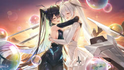 2girls absurdres aqua_hair armpit_cutout backless_bodysuit bare_shoulders black_bodysuit black_hair blush bodysuit breasts bubble cinderella_(nikke) cleavage cleavage_cutout closed_eyes clothing_cutout colored_inner_hair commentary_request covered_navel cowboy_shot crying gloves goddess_of_victory:_nikke hair_between_eyes hair_intakes hair_over_one_eye highres hug korean_commentary large_breasts leg_cutout light_particles little_mermaid_(nikke) long_hair meoyo mixed-language_commentary multicolored_hair multiple_girls navel navel_cutout ocean open_mouth outdoors rigging see-through_bodysuit see-through_clothes see-through_skirt sideboob sidelocks skirt smile standing sunset twintails very_long_hair white_bodysuit white_hair