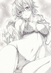 1girl blush bra breasts cleavage graphite_(medium) greyscale hair_ornament hairclip legs lingerie looking_at_viewer mikuro monochrome navel panties shirt short_hair sinon solo sword_art_online traditional_media underwear undressing