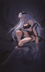 1girl arknights bikini black_bikini full_body highres long_hair mudrock_(arknights) partially_submerged pointy_ears shadow shadowking sitting solo swimsuit water