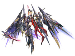1girl absurdres armor armored_boots blonde_hair boots breasts clothing_cutout full_body gauntlets headgear highres holding holding_scythe holding_weapon large_breasts leotard looking_at_viewer mecha_musume mechanical_arms mechanical_legs mechanical_wings multicolored_hair original pope_(user_vuza2542) red_eyes red_hair science_fiction scythe short_hair sideboob skindentation solo streaked_hair tachi-e thighhighs transparent_background underboob weapon white_background wings yellow_eyes
