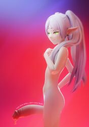 1futa 3d artist_name bad_tag bare_arms bare_hips bare_legs bare_shoulders blender_(medium) blender_(object) blurry colorful completely_nude depth_of_field elf english_text erection frieren from_side futanari glowing glowing_eyes green_eyes highres large_penis long_hair looking_at_viewer nipples nude oiled penis pointy_ears pov puffy_chest puffy_nipples realkansen shiny_skin smile smug solo sousou_no_frieren testicles topless_female twintails white_hair