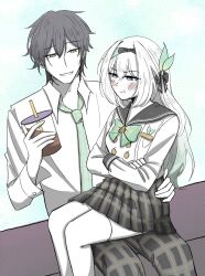 1boy 1girl black_hairband black_ribbon blush bow bowtie caelus_(honkai:_star_rail) checkered_bow checkered_bowtie checkered_clothes checkered_necktie crossed_arms cup disposable_cup drinking_straw firefly_(honkai:_star_rail) firefly_(spring_missive)_(honkai:_star_rail) gradient_hair green_bow green_bowtie green_necktie grey_sailor_collar hair_ornament hair_ribbon hairband highres holding holding_cup honkai:_star_rail honkai_(series) kira_yu_(kirara_3701) multicolored_hair necktie open_mouth pout ribbon sailor_collar shirt sitting sitting_on_lap sitting_on_person smile thighhighs trailblazer_(honkai:_star_rail) white_shirt white_thighhighs