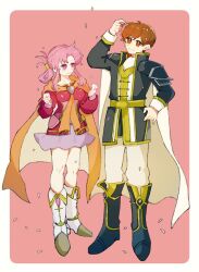 Rule 34 | 1boy, 1girl, armor, ascot, black armor, black boots, black coat, boots, brown eyes, brown hair, cape, closed mouth, coat, collarbone, cupping hands, curtained hair, ethlyn (fire emblem), falling petals, fire emblem, fire emblem: genealogy of the holy war, folded ponytail, full body, gold belt, gold trim, hair between eyes, hand on own hip, hands up, high collar, holding, holding petal, husband and wife, knee boots, long hair, long sleeves, looking at another, looking at viewer, looking up, miniskirt, neeeeeeega 2025, nintendo, orange cape, own hands together, pants, parted bangs, pauldrons, petal on head, petals, pink background, pink eyes, pink hair, pink petals, pink shirt, purple skirt, quan (fire emblem), raised eyebrows, shirt, short hair, shoulder armor, sidelocks, skirt, smile, standing, white ascot, white boots, white cape, white pants
