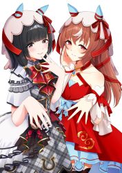 2girls animal_ears black_eyes black_hair blush breasts brown_hair closed_mouth collarbone commentary_request detached_sleeves fingernails hair_ornament highres horse_ears horse_girl long_hair looking_at_viewer miyashita_saki multiple_girls nakichi_n reaching reaching_towards_viewer small_breasts smile still_in_love_(umamusume) umamusume veil voice_actor white_background
