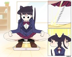 1girl animal_ears black_eyes black_hair black_panties black_socks blue_jacket book bookshelf bow bowtie breasts brown_footwear cat_ears cat_girl cat_tail dangerking11 highres jacket komi-san_wa_komyushou_desu komi_shouko litter_box long_hair long_sleeves looking_down medium_breasts no_mouth panties panty_pull peeing red_bow red_bowtie red_skirt school_uniform shirt shoes skirt socks spread_legs squatting striped_bow striped_bowtie striped_clothes striped_skirt tail underwear white_shirt window