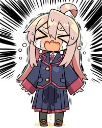 &gt;_&lt; 1girl :d ahoge black_skirt blonde_hair blue_jacket blue_skirt blush chibi closed_eyes crying jacket kanikama long_sleeves necktie onii-chan_wa_oshimai! open_mouth ornament oyama_mahiro pantyhose pee peed_self pink_hair school_uniform shirt shoes sidelocks skirt sleeves_past_wrists smile solo standing