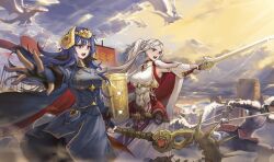 2girls absurdres alternate_color alternate_costume army axe aymr_(fire_emblem) blue_eyes blue_hair blush breasts cape closed_mouth cosplay costume_switch dress edelgard_von_hresvelg edelgard_von_hresvelg_(cosplay) edelgard_von_hresvelg_(timeskip) falchion_(fire_emblem) fire_emblem fire_emblem:_three_houses fire_emblem_awakening fire_emblem_cipher fire_emblem_heroes gloves hair_ornament highres horns long_hair long_sleeves lucina_(fire_emblem) lucina_(fire_emblem)_(cosplay) lucina_(hope-ruling_queen)_(fire_emblem) medium_breasts multiple_girls nintendo outdoors purple_eyes red_cape second-party_source side_ponytail velahka white_hair