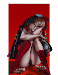 Rule 34 | absurdres, ankle socks, bare shoulders, bekus, blonde hair, helmet, highres, jacket, leather, leather jacket, legs, luciana de montefio, medium hair, red eyes, sitting, socks, strap, thighs, zenless zone zero