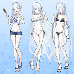1girl absurdres alternate_costume aoi_riko bikini black_bikini blue_archive blue_background colored_eyelashes food full_body grey_eyes hair_ornament halo highres holding holding_food holding_skewer multiple_views nagusa_(blue_archive) navel sandals shish_kebab skewer solo swimsuit white_bikini white_eyelashes white_halo