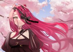 1girl black_dress blue_sky blush bow braid breasts cherry_blossoms choker dress fate/grand_order fate_(series) hair_between_eyes highres long_hair long_sleeves looking_at_viewer mikon_(nicknqme) red_hair sky small_breasts smile solo tree typhon_ephemeros_(fate) typhon_ephemeros_(second_ascension)_(fate) very_long_hair yellow_eyes