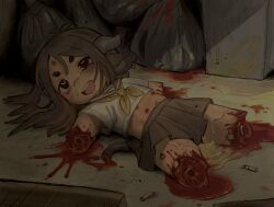 animal_ears blood brown_hair bruise bruised_eye burn_scar cigarette cow_ears cow_horns crop_top dismemberment drooling ear_piercing ero_guro guro highres horns injury navel open_mouth original pee piercing scar school_uniform serafuku shota skirt smile snot snugglepuff28 tallow_(snugglepuff28) tears