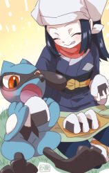 1girl :q akari_(pokemon) black_hair black_sash blush closed_eyes closed_mouth commentary_request eating food gen_4_pokemon grass happy headscarf highres holding holding_food jacket long_hair nintendo onigiri pokemon pokemon_(creature) pokemon_legends:_arceus red_scarf riolu sasami_642 sash scarf sidelocks sitting skirt socks tongue tongue_out white_socks yellow_background