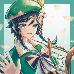 1girl absurdres aqua_eyes aqua_hair beret black_bow black_hair bow commentary_request flower genshin_impact gradient_hair green_hat hair_flower hair_ornament hand_up hat highres holding holding_instrument holding_lyre instrument looking_at_viewer lyre male_focus multicolored_hair parted_lips solo upper_body venti_(genshin_impact) white_flower yuno_kaihara