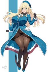 1girl atago_(kancolle) beret black_gloves black_pantyhose blonde_hair blush breasts gloves green_eyes hat highres huge_breasts kantai_collection long_hair looking_at_viewer military military_uniform nagare_(flow) open_mouth panties panties_under_pantyhose pantyhose smile solo taut_clothes underwear wide_hips