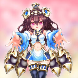 ajitarou_(setsu) blue_dress blue_sleeves boots brown_hair detached_sleeves dress emil_chronicle_online hair_ornament highres hug_invitation isis_(eco) midriff navel open_mouth outstretched_arm pink_eyes thigh_boots thighs