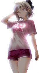 Rule 34 | 1girl, alternate costume, arm behind head, arm up, black bow, blonde hair, bow, breasts, clothes writing, dolphin shorts, engo (aquawatery), fate/grand order, fate (series), grey eyes, hair between eyes, hair bow, highres, looking at viewer, medium breasts, okita souji (fate), pink shirt, red shorts, shirt, short hair, short shorts, short sleeves, shorts, smile, solo, standing