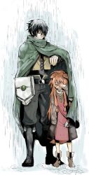 1boy 1girl animal_ears arm_shield belt black_belt black_boots black_dress black_hair black_pants black_shirt blush boots brown_boots brown_hair brown_shirt child cloak closed_eyes closed_mouth commentary_request crying dress facing_down flat_chest full_body green_cloak green_eyes grey_dress hand_up iwatani_naofumi knee_boots knife knife_sheath layered_dress long_hair long_sleeves looking_down messy_hair metal_hair_tubes metal_wrist_cuffs momojiri2002 open_mouth pants protecting raccoon_ears raccoon_girl rain raphtalia red_dress sheath sheathed shirt short_hair short_sleeves simple_background tate_no_yuusha_no_nariagari two-tone_dress variant_set wet wet_hair white_background